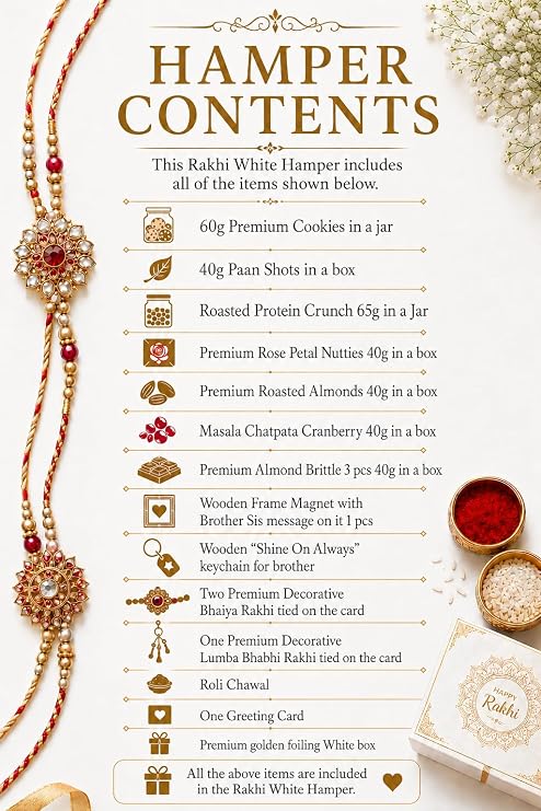 White Rakhi Gift Hamper for Brother | Dry Fruits, Gourmet Snacks, 2 Decorative Bhaiya Rakhis, Wooden Magnet, Keychain, Roli Chawal & Greeting Card