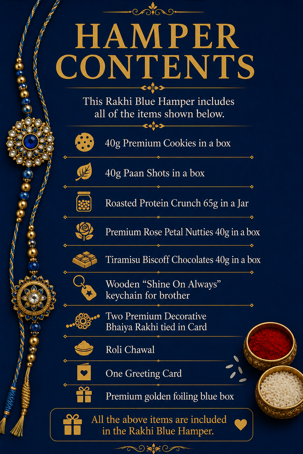 Premium Blue Rakhi Gift Hamper for Brother | Gourmet Snacks, Tiramisu Biscoff Chocolates, 2 Decorative Bhaiya Rakhis, Keychain, Roli Chawal & Greeting Card | Luxury Raksha Bandhan Gift Box