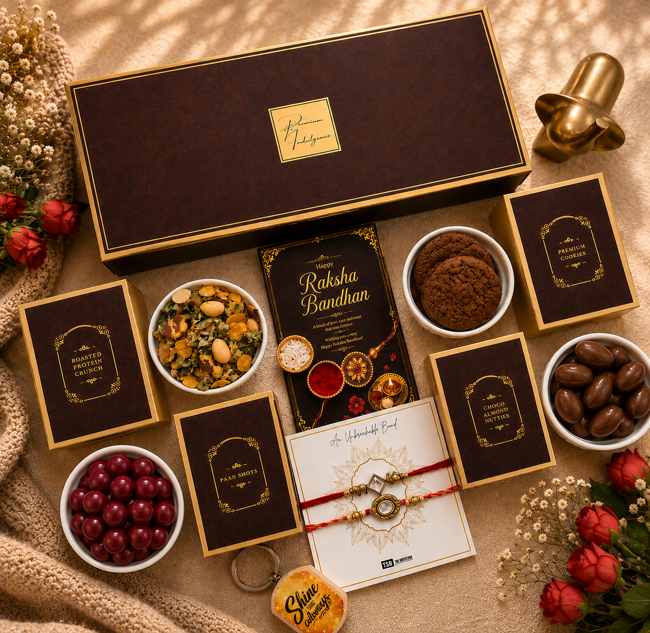 Premium Brown Rakhi Gift Hamper for Brother | Gourmet Snacks, Choco Almond Nutties, 2 Decorative Bhaiya Rakhis, Wooden Keychain, Roli Chawal & Greeting Card | Luxury Raksha Bandhan Gift Box