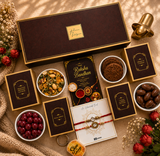 Premium Brown Rakhi Gift Hamper for Brother | Gourmet Snacks, Choco Almond Nutties, 2 Decorative Bhaiya Rakhis, Wooden Keychain, Roli Chawal & Greeting Card | Luxury Raksha Bandhan Gift Box