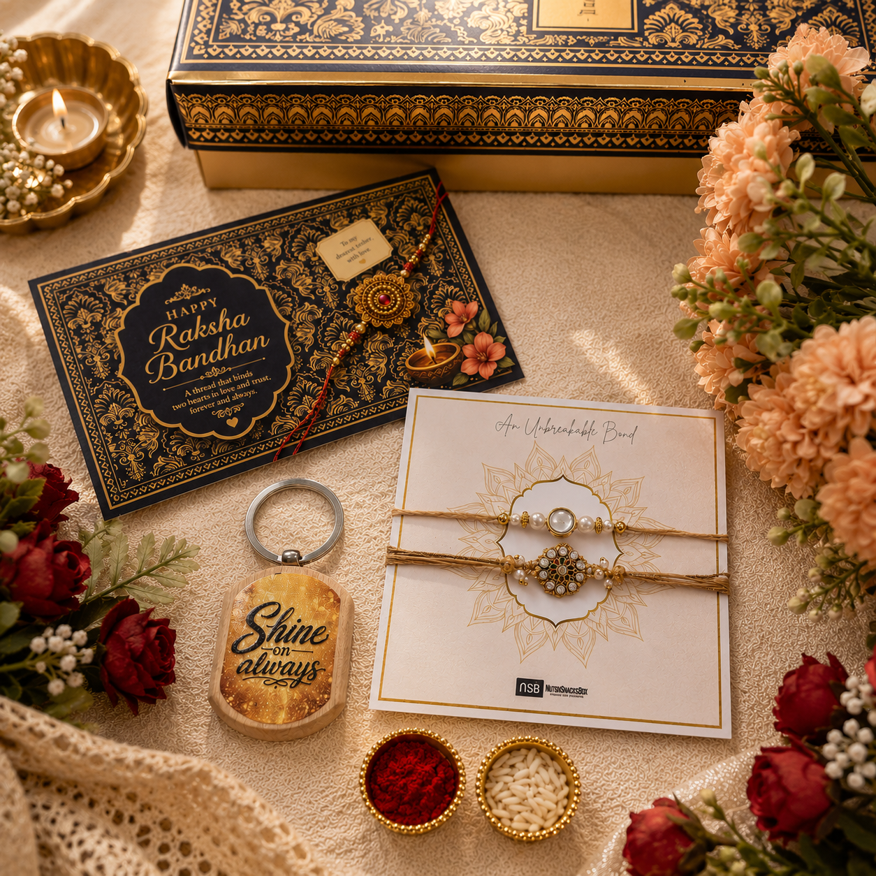 Premium Blue Rakhi Gift Hamper for Brother | Gourmet Snacks, Tiramisu Biscoff Chocolates, 2 Decorative Bhaiya Rakhis, Keychain, Roli Chawal & Greeting Card | Luxury Raksha Bandhan Gift Box