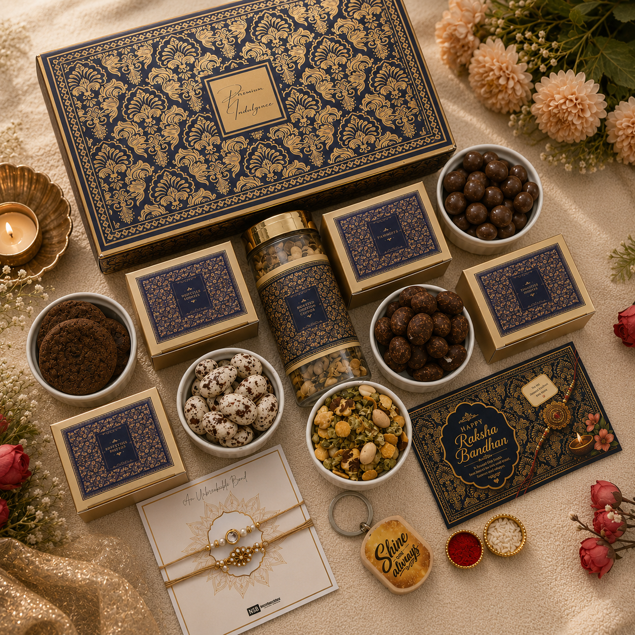 Premium Blue Rakhi Gift Hamper for Brother | Gourmet Snacks, Tiramisu Biscoff Chocolates, 2 Decorative Bhaiya Rakhis, Keychain, Roli Chawal & Greeting Card | Luxury Raksha Bandhan Gift Box
