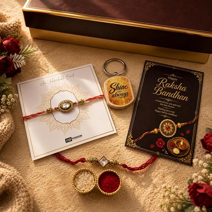 Premium Brown Rakhi Gift Hamper for Brother | Gourmet Snacks, Choco Almond Nutties, 2 Decorative Bhaiya Rakhis, Wooden Keychain, Roli Chawal & Greeting Card | Luxury Raksha Bandhan Gift Box