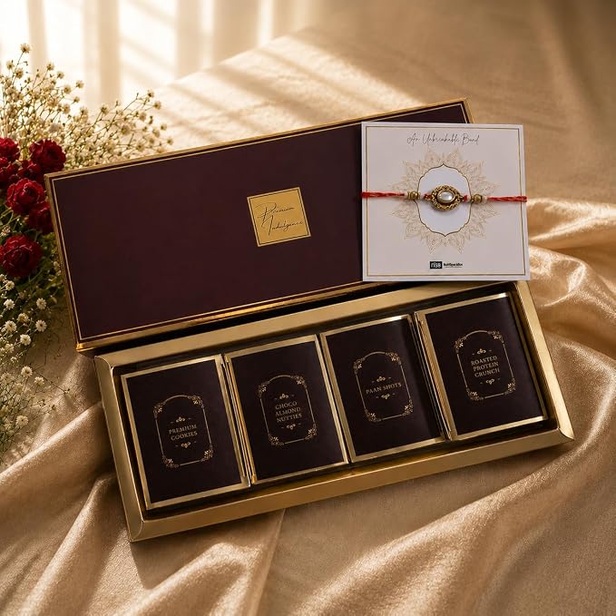 Premium Brown Rakhi Gift Hamper for Brother | Gourmet Snacks, Choco Almond Nutties, 2 Decorative Bhaiya Rakhis, Wooden Keychain, Roli Chawal & Greeting Card | Luxury Raksha Bandhan Gift Box