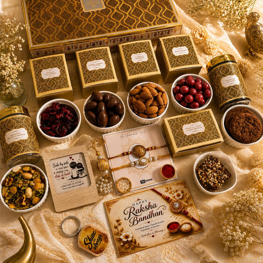 Premium White Rakhi Gift Hamper for Brother | Dry Fruits, Gourmet Snacks, 2 Decorative Bhaiya Rakhis, Wooden Magnet, Keychain, Roli Chawal & Greeting Card | Luxury Raksha Bandhan Gift Box