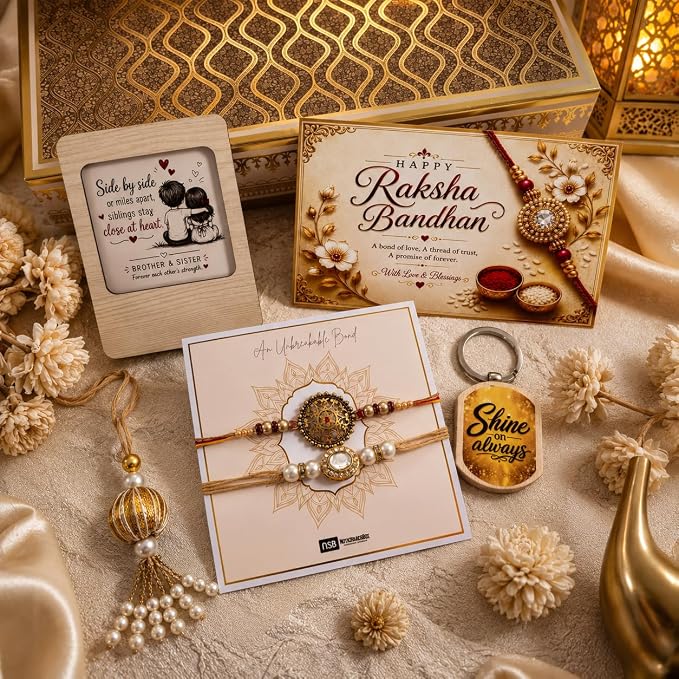 White Rakhi Gift Hamper for Brother | Dry Fruits, Gourmet Snacks, 2 Decorative Bhaiya Rakhis, Wooden Magnet, Keychain, Roli Chawal & Greeting Card